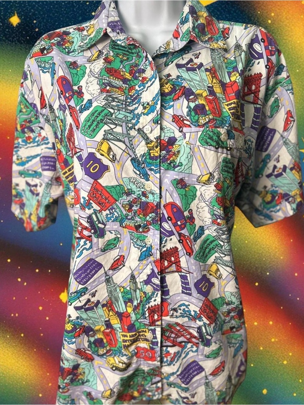 Vintage 1980’s Bill blass all-over cityscape" print short sleeve button down.